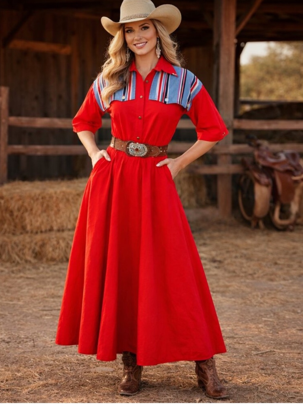 Vintage Lilia Smitty Red Cowgirl Western Midi Dress Size 8